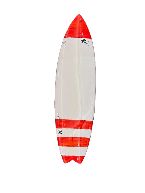White and red surfboard with a logo on a white background