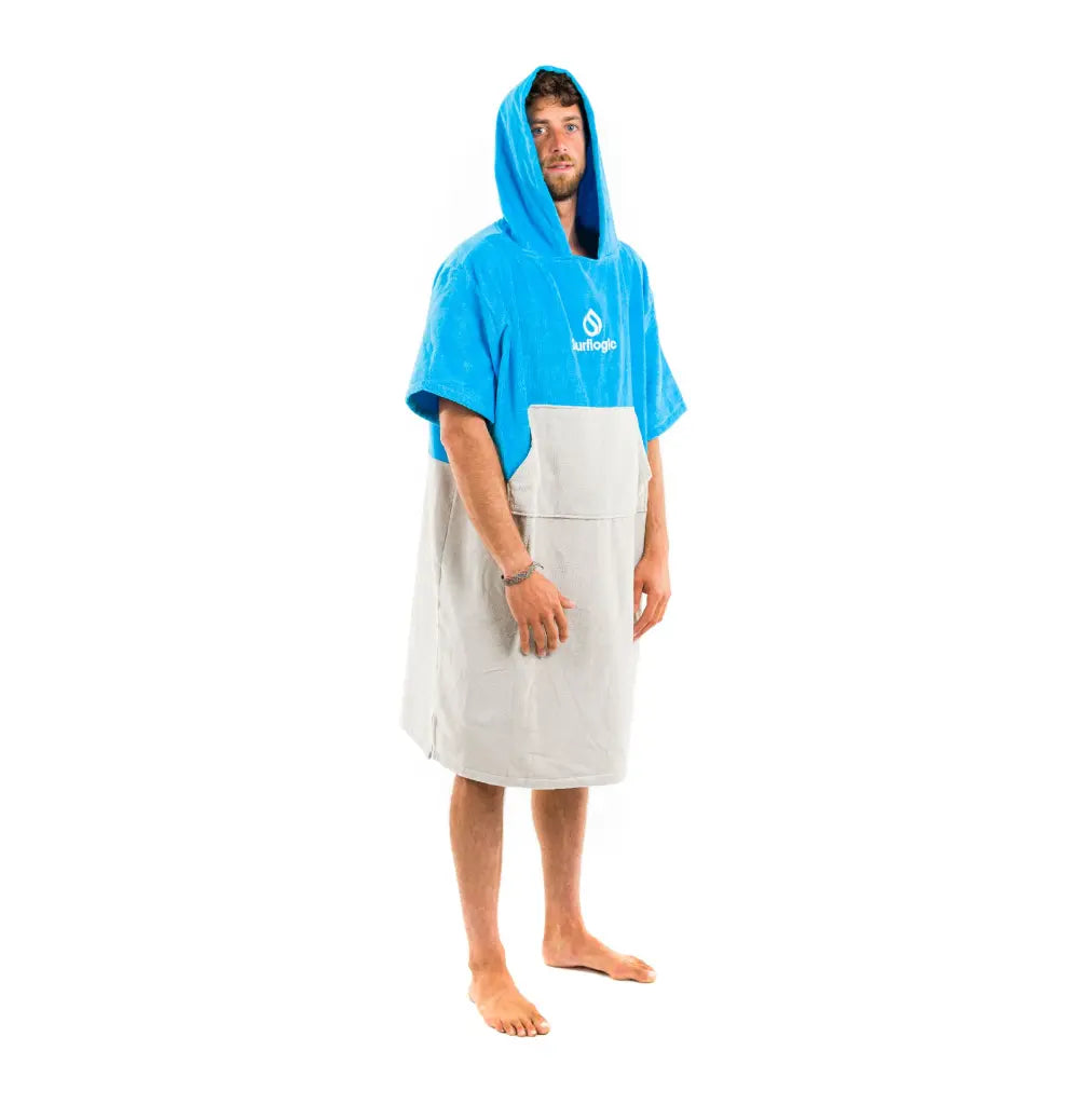 Surflogic Changing Poncho Cyan & Grey, available at Noordzee Boardstore surfshop open since 2010 surfboard repairs used surfboards lost