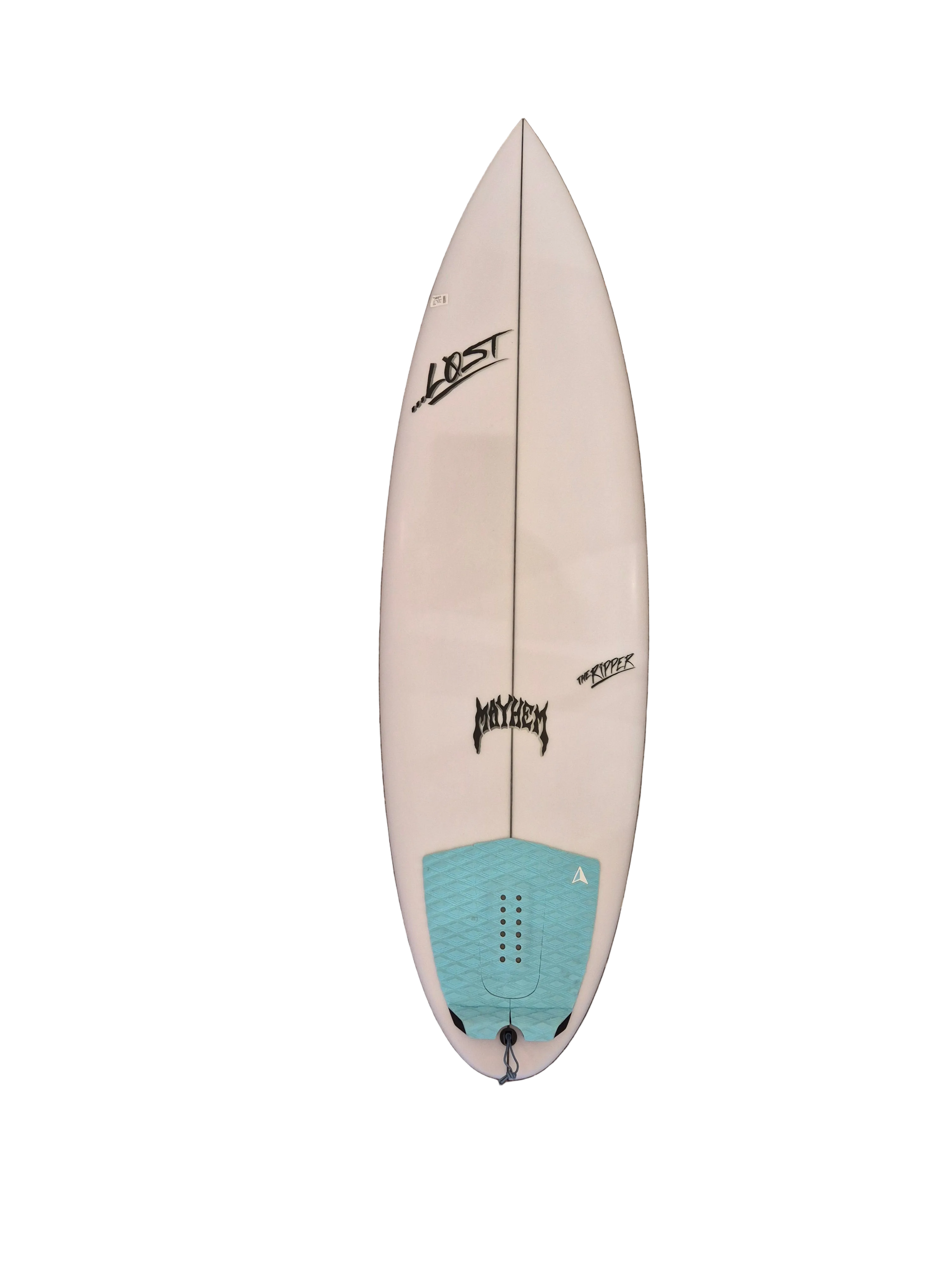 Lost rad ripper White surfboard with blue nose and black text on a brown surface