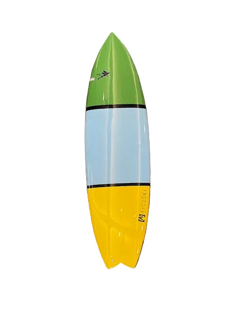 Colorful surfboard with green, blue, and yellow sections on a white background

