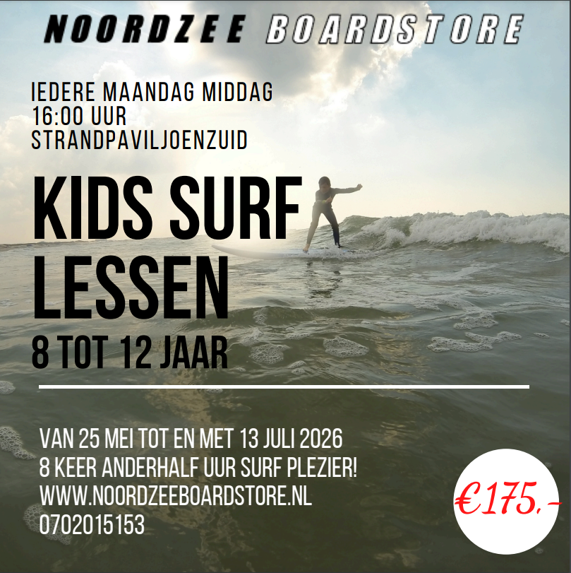 Noordzee Surfschool 2026 kids surfles bij zuid strandpaviljoen scheveningen boardstore