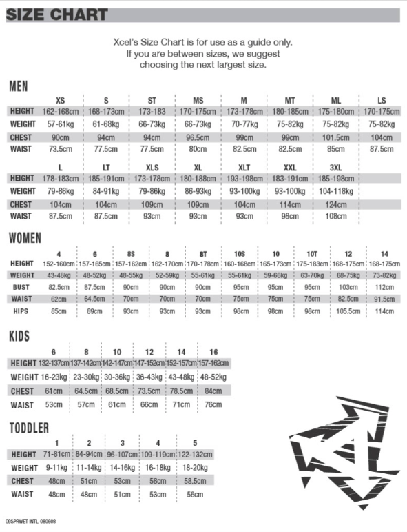 Xcel Sizechart 2 Noordzee boardstore wetsuit maat 