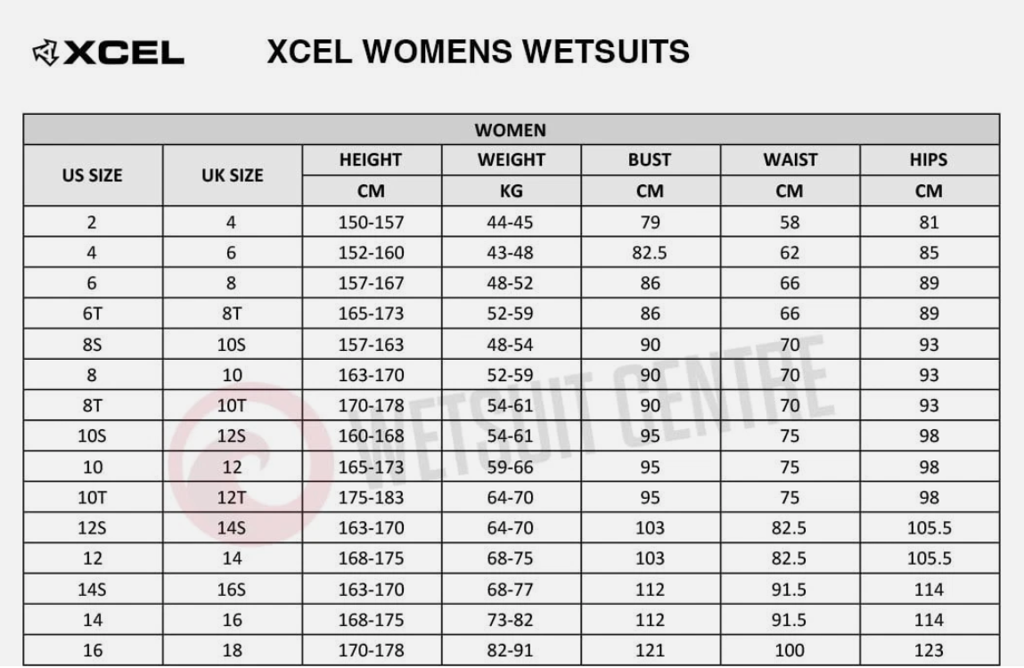 Xcel woemsn sizechart maattabel noordzee Boardstore surfshop scheveningen